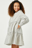 GY5003 GREY Girls Smocked Cuff V Neck Tiered Plaid Dress Front