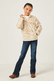 GY5082 IVORY Girls Mock Neck Half Zip Leopard Print Fleece Top Full Body