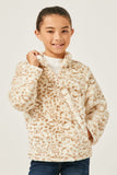 GY5082 IVORY Girls Mock Neck Half Zip Leopard Print Fleece Top Front