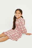 GY5095 BURGUNDY Girls Balloon Sleeve Square Neck Tunic Dress Pose