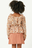 GY5160 BROWN Girls Ruffled Detailed Smocked Square Neck Long Sleeve Peplum Back