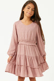 GY5184 Mauve Girls Swiss Dot Smocked Waist Ruffled Skirt Long Sleeve Dress Front