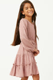 GY5184 Mauve Girls Swiss Dot Smocked Waist Ruffled Skirt Long Sleeve Dress Detail