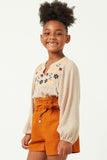 GY5207 TAUPE Girls Swiss Dot Embroidered Bodice Long Sleeve Top Side
