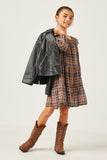 GY5225 BROWN Girls Plaid Smocked Square Neck Ruffled Long Sleeve Dress Full Body