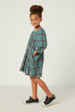 GY5248 BLUE Girls Plaid Square Neck Tie Sleeve Mini Dress Side 2