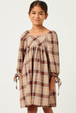 GY5248 BROWN Girls Plaid Square Neck Tie Sleeve Mini Dress