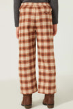 GY5322 BROWN Girls Brushed Plaid Wideleg Elastic Waist Pants Back