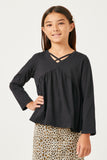 GY5345 BLACK Girls Babydoll Strappy V Neck Long Sleeve T Shirt Front