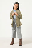 GY5469 OLIVE Girls Ruffle Hem Raw Edge Detail Waffle Knit Cardigan Full Body