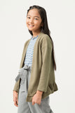 GY5469 OLIVE Girls Ruffle Hem Raw Edge Detail Waffle Knit Cardigan Side