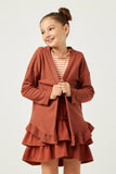 GY5469 RUST Girls Ruffle Hem Raw Edge Detail Waffle Knit Cardigan Front