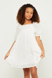 GY5525 OFF WHITE Girls Textured Solid Checkered Tie Sleeve Square Neck Dress Front