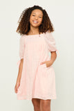 GY5525 PINK Girls Textured Solid Checkered Tie Sleeve Square Neck Dress Front