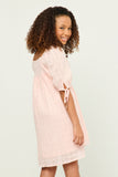 GY5525 PINK Girls Textured Solid Checkered Tie Sleeve Square Neck Dress Back