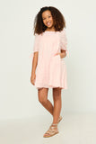 GY5525 PINK Girls Textured Solid Checkered Tie Sleeve Square Neck Dress Side