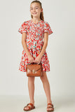 GY5551 RED Girls Floral Smocked V Neck Short Sleeve Dress Full Body