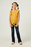 GY5557 YELLLOW Girls Textured Knit Ruffled Tie Front Tank Top Full Body