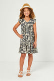 GY5572 IVORY Girls Botanical Print Ruffle Sleeveless Button Detail Dress Full Body