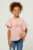 GY5578 MAUVE Girls Flutter Sleeve Tassel Detail Textured Top Front