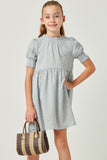 GY5581 BLUE Girls Seersucker Gingham Smock Cuff Dress Front