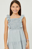 GY5589 BLUE Girls Sleeveless Smocked Detail Ruffled Tiered Dress Detail