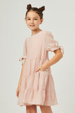 GY5595 BLUSH Girls Textured Stripe Tie Sleeve Tiered Dress Side