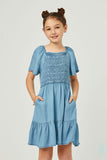 GY5605 LIGHT DENIM Girls Puff Sleeve Smocked Bodice Tencel Dress Front