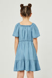 GY5605 LIGHT DENIM Girls Puff Sleeve Smocked Bodice Tencel Dress Detail