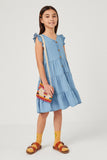 GY5607 Light Denim Girls Ruffle Button Down Tiered Dress Full Body