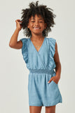 GY5613 LIGHT DENIM Girls Surplice Ruffle Detail Tencel Romper Front