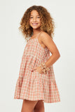 GY5627 ORANGE Girls Tartan Print Sleeveless Tiered Dress Side