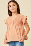 GY5669 SALMON Girls Swiss Dot Smocked Bodice Ruffled Top Front