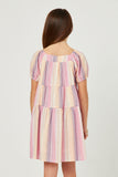 GY5672 PINK Girls Textured Vertical Stripe Puff Sleeve Tiered Dress Back