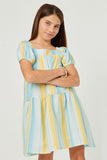 GY5672 YELLOW Girls Textured Vertical Stripe Puff Sleeve Tiered Dress Front