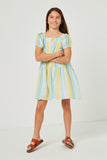 GY5672 YELLOW Girls Textured Vertical Stripe Puff Sleeve Tiered Dress Full Body