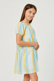 GY5672 YELLOW Girls Textured Vertical Stripe Puff Sleeve Tiered Dress Side