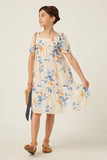 GY5676 Ivory Girls Watercolor Floral Square Neck Ruffled Shoulder Dress Full Body