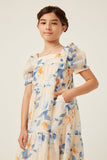 GY5676 Ivory Girls Watercolor Floral Square Neck Ruffled Shoulder Dress Front