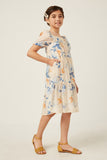 GY5676 Ivory Girls Watercolor Floral Square Neck Ruffled Shoulder Dress Side