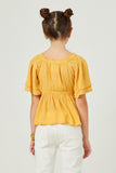 GY5695 YELLOW Girls Swiss Dot Ruffled Neck Flutter Sleeve Raglan Peplum Back