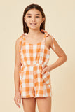 GY5725 ORANGE Girls Tie Shoulder Smocked Back Checkered Romper Front