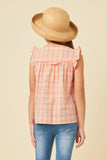 GY5757 PEACH Girls Textured Plaid Ruffled Button Up Tank Back