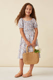 GY5848 BLUE Girls Floral Print Smock Detail Puff Sleeve Mini Dress Full Body