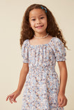 GY5848 BLUE Girls Floral Print Smock Detail Puff Sleeve Mini Dress Front