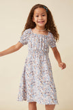 GY5848 BLUE Girls Floral Print Smock Detail Puff Sleeve Mini Dress Front 2