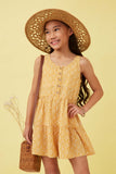 GY5903 YELLOW Girls Ditsy Floral Buttoned Tiered Wide Leg Romper Front