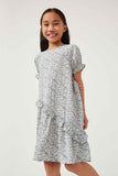 GY6003 BLUE Girls Asymmetric Ruffled Cinch Sleeve Dress Front