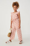 GY6020 Pink Girls Botanical Print Ruffled Wideleg Jumpsuit Full Body