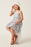 GY6038 BLUE Girls Botanical Print Tiered Tie Shoulder Dress Pose